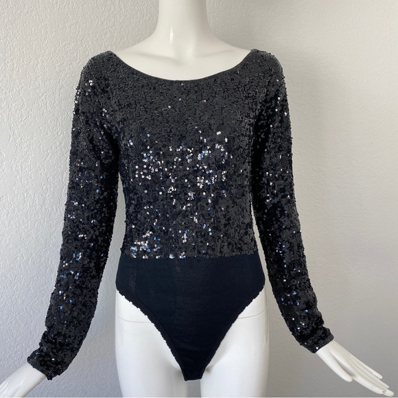 Donna Karan Hand Sequined Black Knit Bodysuit - Picture 1 of 7